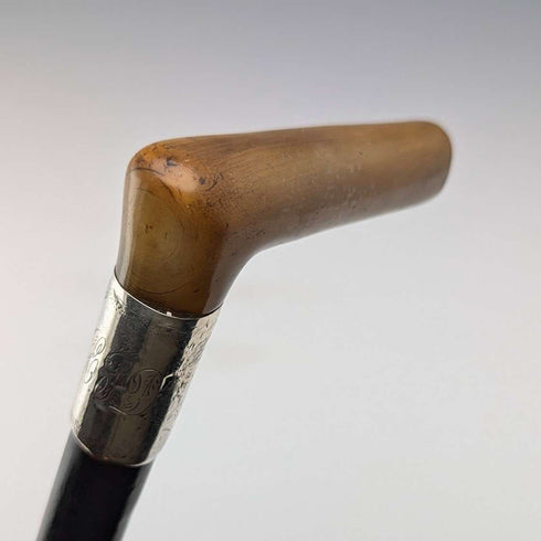 1897 British antique gentleman's pure silver decorated L-shaped horn handle walking stick 83cm