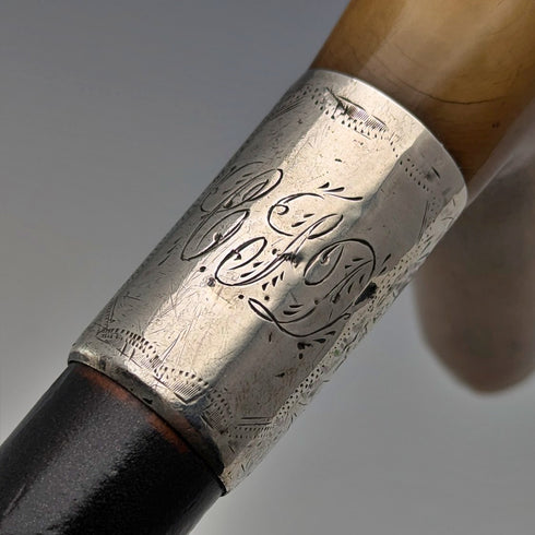 1897年 英国アンティーク 紳士用 純銀装飾 L字ホーンハンドル ステッキ 杖 83cm