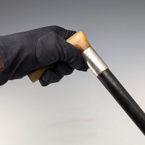 1897年 英国アンティーク 紳士用 純銀装飾 L字ホーンハンドル ステッキ 杖 83cm