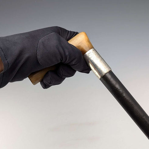 1897 British antique gentleman's pure silver decorated L-shaped horn handle walking stick 83cm