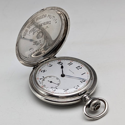 Circa 1930 Vintage Zenith Pocket Watch with Fine Engraving and Silver Side Hunter Case, in Good Working Condition