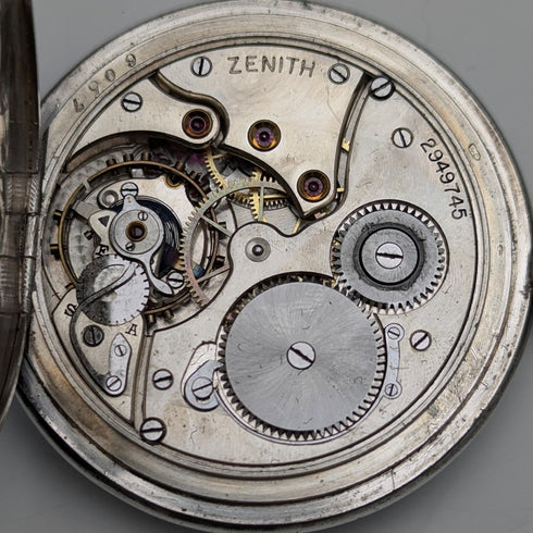 Circa 1930 Vintage Zenith Pocket Watch with Fine Engraving and Silver Side Hunter Case, in Good Working Condition