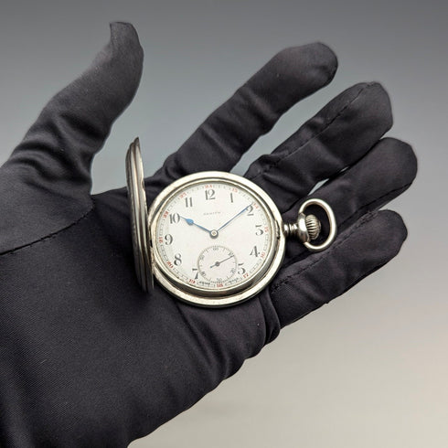 Circa 1930 Vintage Zenith Pocket Watch with Fine Engraving and Silver Side Hunter Case, in Good Working Condition