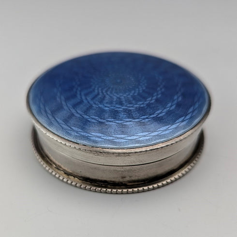 1942 British Vintage Blue Guilloche Enamel Sterling Silver Pill Case Cohen & Charles