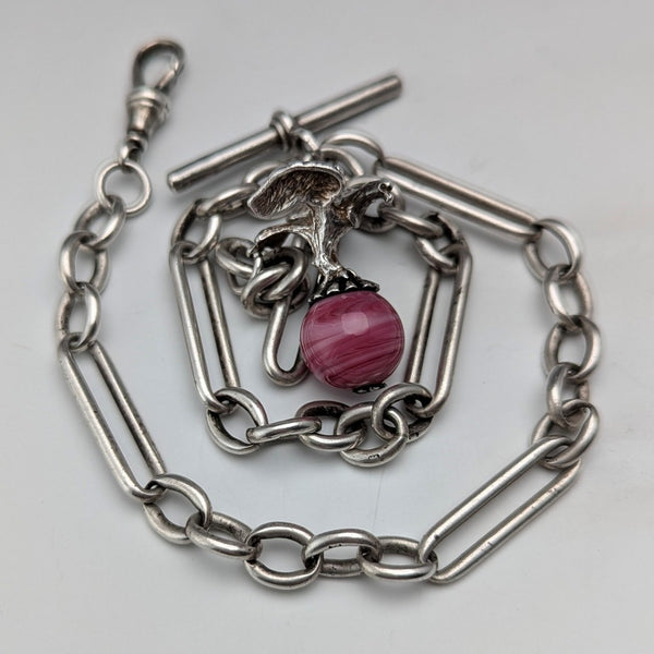 Circa 1900 British antique sterling silver Albert chain, 46g, sterling silver eagle & natural stone fob