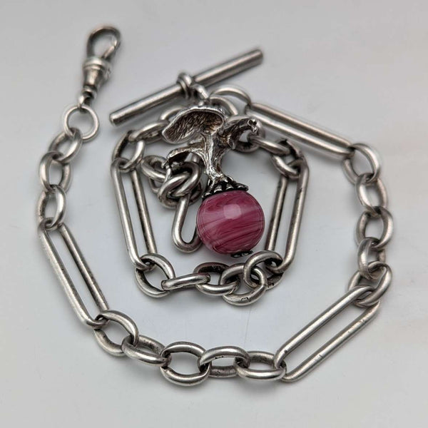 Circa 1900 British antique sterling silver Albert chain, 46g, sterling silver eagle & natural stone fob