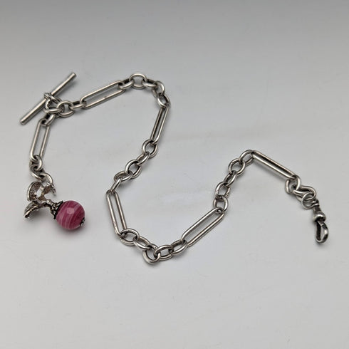 1900年頃 英国アンティーク 純銀製アルバートチェーン 46g 純銀イーグル&天然石フォブ