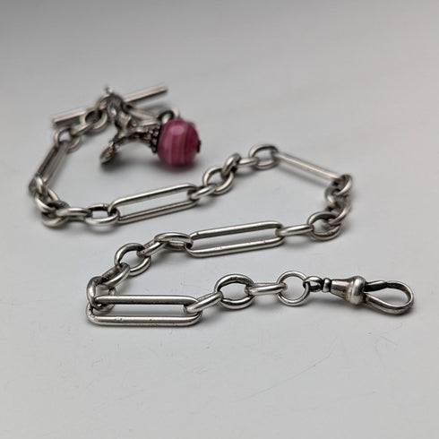 1900年頃 英国アンティーク 純銀製アルバートチェーン 46g 純銀イーグル&天然石フォブ