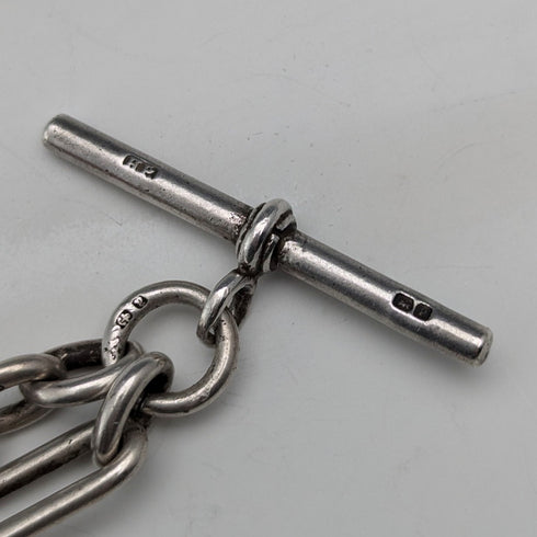 1900年頃 英国アンティーク 純銀製アルバートチェーン 46g 純銀イーグル&天然石フォブ