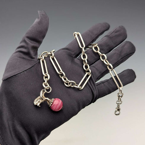 1900年頃 英国アンティーク 純銀製アルバートチェーン 46g 純銀イーグル&天然石フォブ