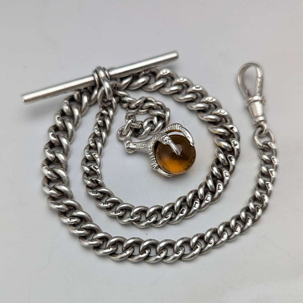 Circa 1920 British antique sterling silver Albert chain 30g claw and bowl fob