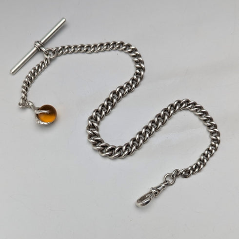 Circa 1920 British antique sterling silver Albert chain 30g claw and bowl fob