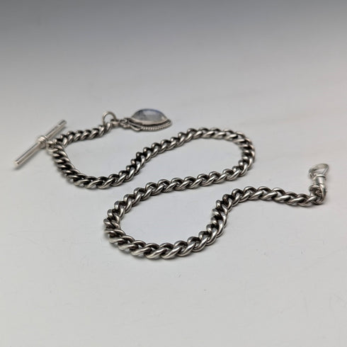 1900年頃 英国アンティーク 純銀製アルバートチェーン 33g ムーンストーンフォブ