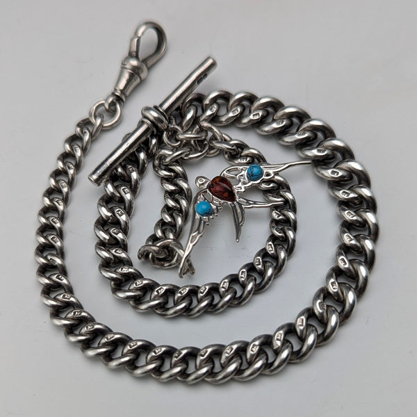 Circa 1890 British antique sterling silver Albert chain, 47g, sterling silver swallow fob