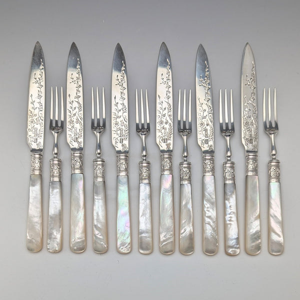 1900 British antique pure silver blades, mother of pearl handles, dessert cutlery set of 6, Atkin Brothers
