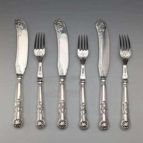 1836 British antique pure silver fish cutlery, 3 pairs, total weight 319g, Charles Needham