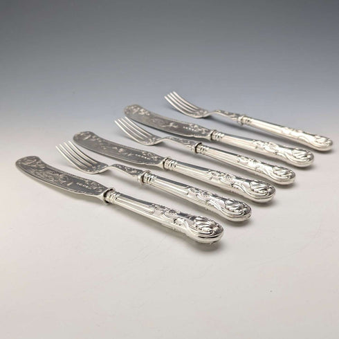1836 British antique pure silver fish cutlery, 3 pairs, total weight 319g, Charles Needham