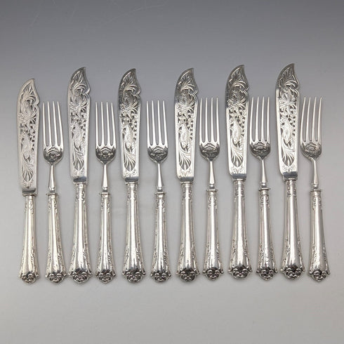 1860年頃 英国アンティーク 純銀ハンドル フィッシュカトラリー 6ペア Aaron Hadfield