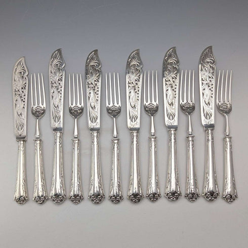 Circa 1860 British Antique Pure Silver Handle Fish Cutlery 6 Pair Aaron Hadfield