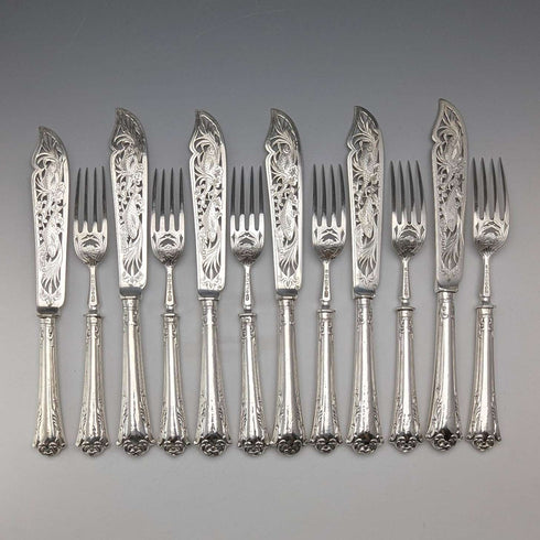 Circa 1860 British Antique Pure Silver Handle Fish Cutlery 6 Pair Aaron Hadfield