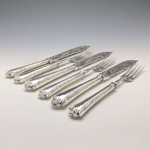 Circa 1860 British Antique Pure Silver Handle Fish Cutlery 6 Pair Aaron Hadfield