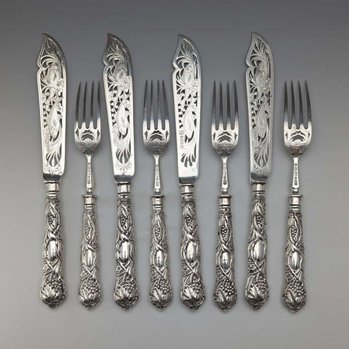 1840 British Antique Pure Silver Handle Fish Cutlery, 4 Pairs, William Sansom