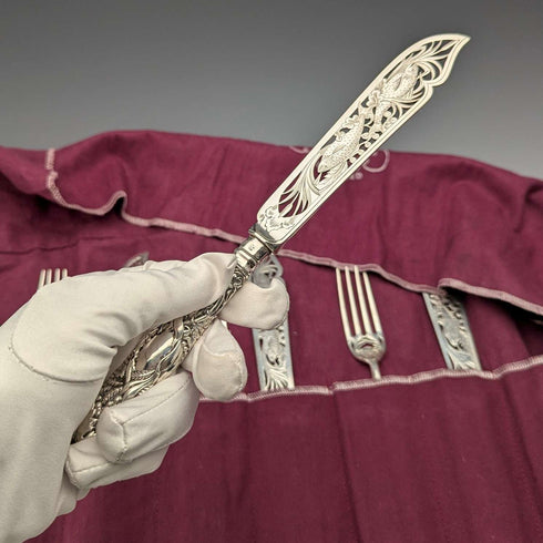 1840 British Antique Pure Silver Handle Fish Cutlery, 4 Pairs, William Sansom