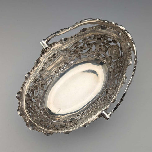 1896 British antique sterling silver basket with earrings and movable handles, 159g, John Round