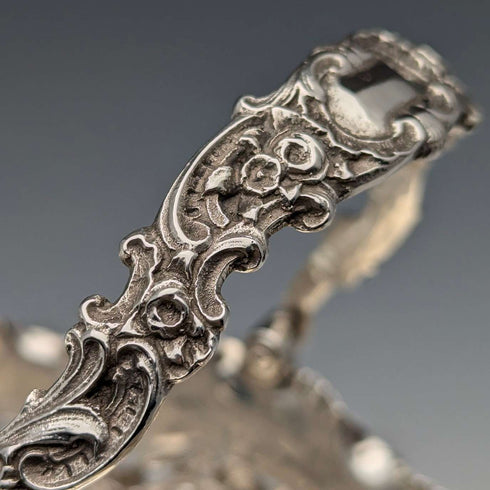 1896 British antique sterling silver basket with earrings and movable handles, 159g, John Round