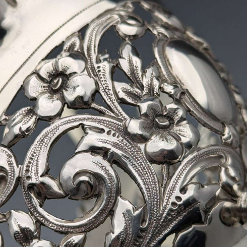1896 British antique sterling silver basket with earrings and movable handles, 159g, John Round