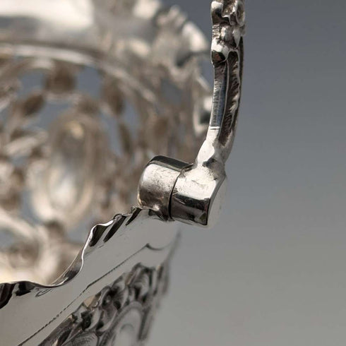 1896 British antique sterling silver basket with earrings and movable handles, 159g, John Round