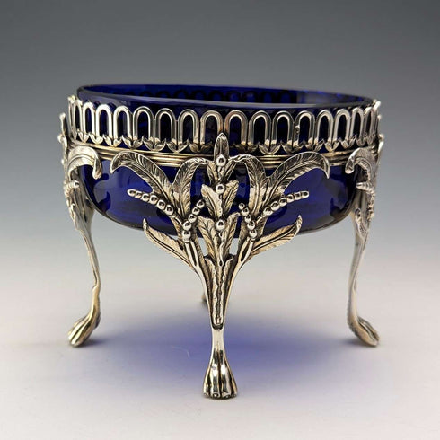 1880 British antique sterling silver footed dish pair with cobalt glass liner, Dobson & Sons