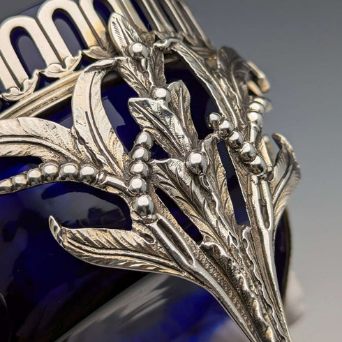 1880 British antique sterling silver footed dish pair with cobalt glass liner, Dobson & Sons