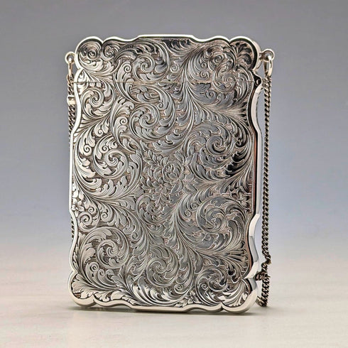 1847 British antique sterling silver card case with chain, 80g, Nathaniel Mills