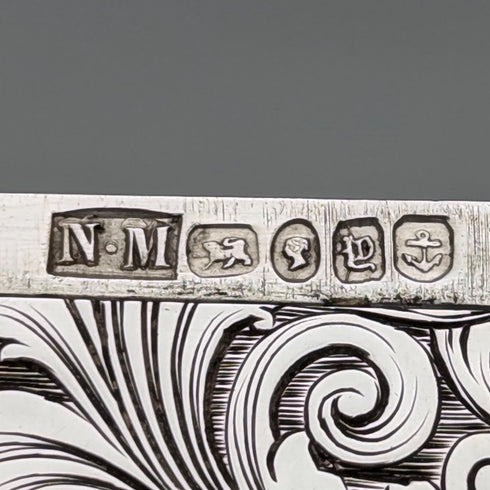 1847 British antique sterling silver card case with chain, 80g, Nathaniel Mills