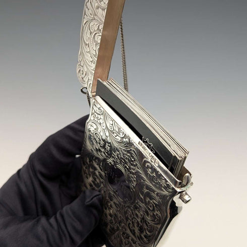 1847 British antique sterling silver card case with chain, 80g, Nathaniel Mills