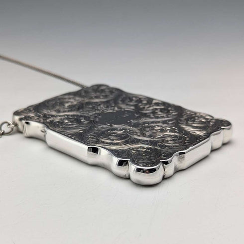 1847 British antique sterling silver card case with chain, 80g, Nathaniel Mills
