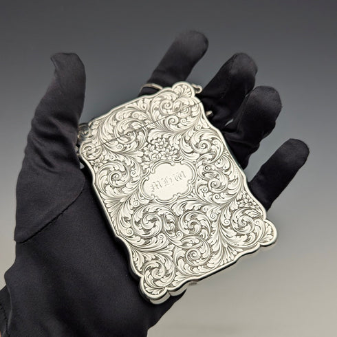 1847 British antique sterling silver card case with chain, 80g, Nathaniel Mills