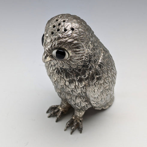Vintage British silver plate owl shaped sugar shaker by Corbell