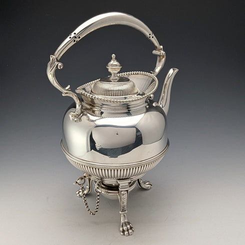Circa 1875 British antique silver plate bachelor tea kettle set