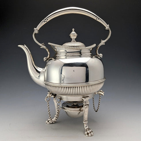Circa 1875 British antique silver plate bachelor tea kettle set