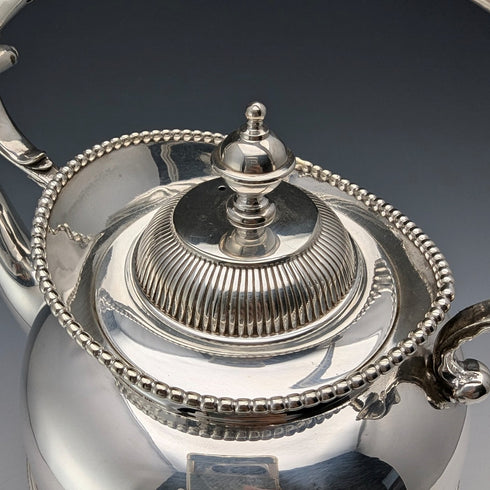 Circa 1875 British antique silver plate bachelor tea kettle set