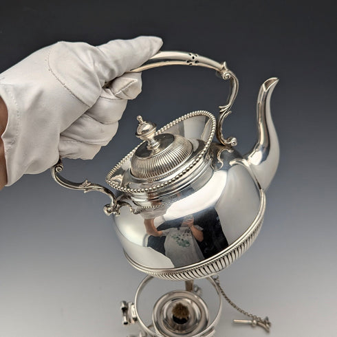 Circa 1875 British antique silver plate bachelor tea kettle set