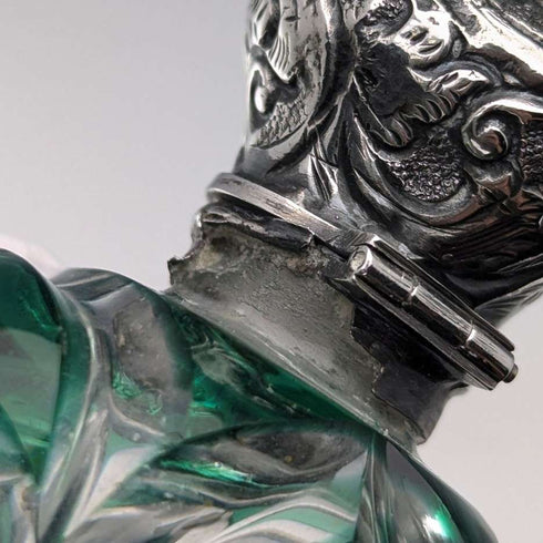 Antique British silver-lidded green cut glass portable perfume bottle