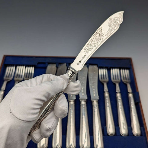 約 1870 年英國古董純銀魚餐具 6 對套裝總計 624 克約翰吉爾伯特