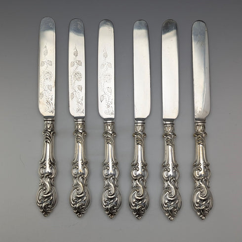 1882 British Antique Silver Plate Cutlery Set of 6 Pairs with Carved Blades, Elkington