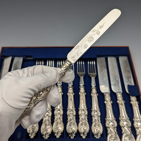 1882 British Antique Silver Plate Cutlery Set of 6 Pairs with Carved Blades, Elkington
