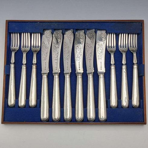 約 1870 年英國古董純銀魚餐具 6 對套裝總計 624 克約翰吉爾伯特