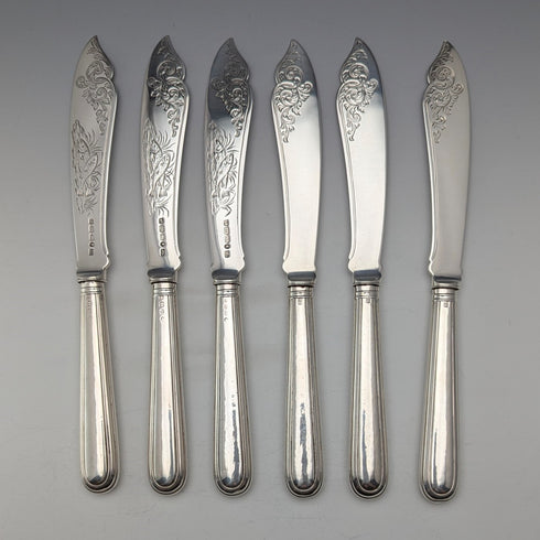 Circa 1870 British antique pure silver fish cutlery set of 6 pairs, total weight 624g, John Gilbert