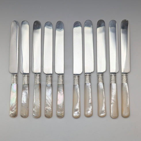 約 1881 年英國古董白色珍珠手柄甜點餐具 10 對套裝木盒裝